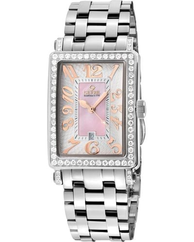 Gevril Ave Of Americas Mini Stainless Steel Diamond Case, Pink Mop Dial Swiss Quartz Watch - Metallic