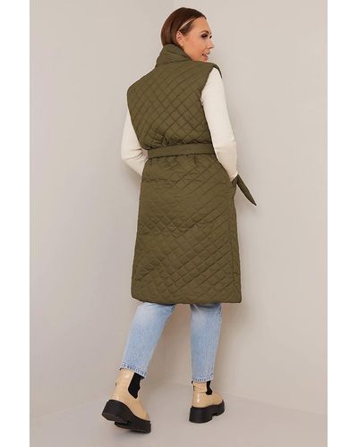 Chi Chi London Diamond Quilted Longline Belted Gilet - Green