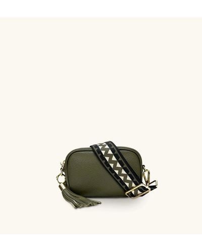 Apatchy London The Mini Tassel Olive Green Leather Phone Bag With Olive Green Zigzag Strap