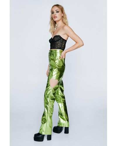 Nasty Gal Metallic Faux Leather Straight Leg Trousers - Green