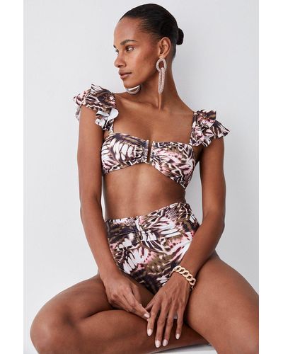 Karen Millen Butterfly Print Ruffle Bikini Top With Detachable Straps - Brown