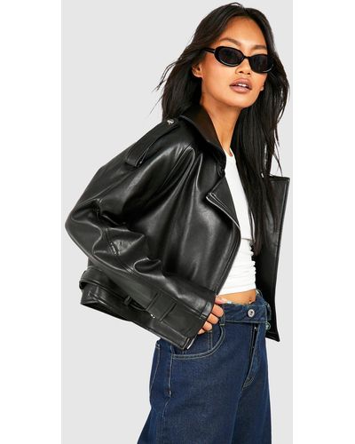 Boohoo Crop Faux Leather Biker Jacket - Black