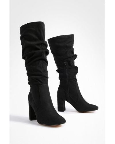 Boohoo Slouchy Knee High Block Heel Boots - Black