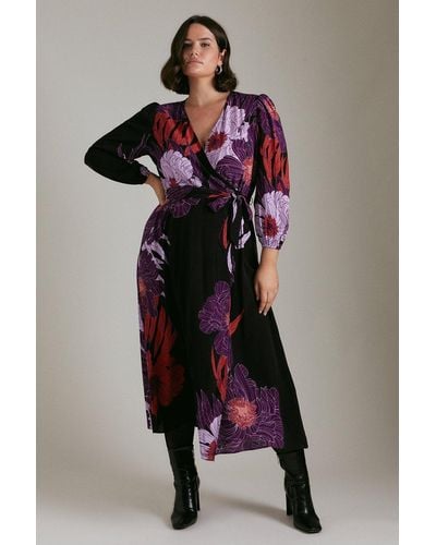 Karen Millen Plus Size Graphic Floral Print Woven Wrap Midi - Black
