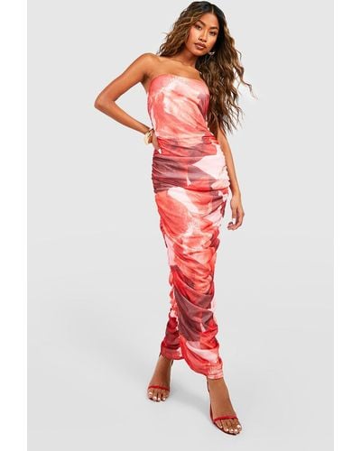 Boohoo Abstract Floral Mesh Bandeau Maxi Dress - Red