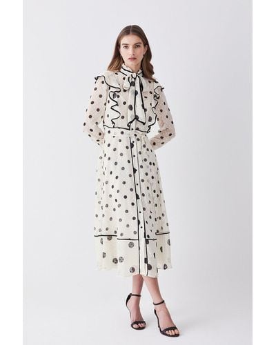 Karen Millen Petite Mixed Dot Piped Ruffle Georgette Midi Dress - White