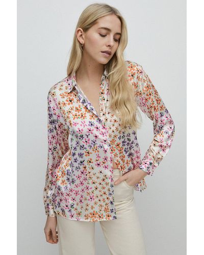 Warehouse Satin Shirt In Floral - Multicolour
