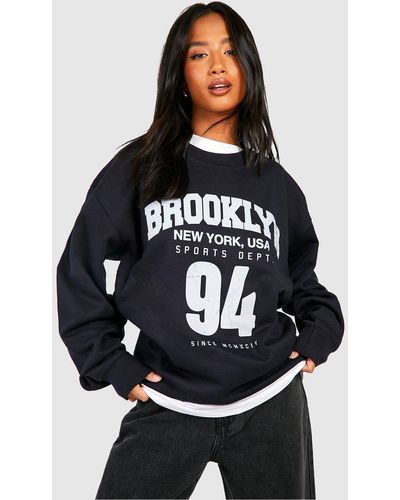 Boohoo Petite Brooklyn Slogan Printed Varsity Oversized Sweatshirt - Blue