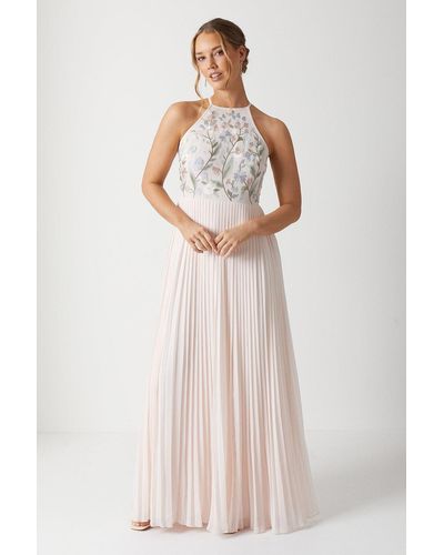Coast Floral Embroidered Halterneck Wrap Waist Bridesmaids Dress - Pink