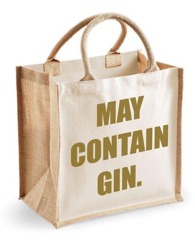 60 SECOND MAKEOVER Medium Jute Bag May Contain Gin Natural Bag Gold Text - Metallic
