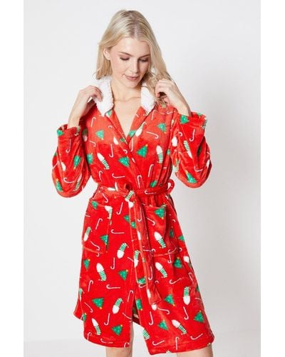 DEBENHAMS Loungable Christmas Print Dressing Gown Sherpa Hood Lining - Red