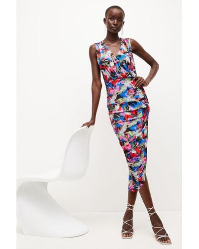 Karen Millen Bird Print Ruched Jersey Wrap Midi Dress - Multicolour