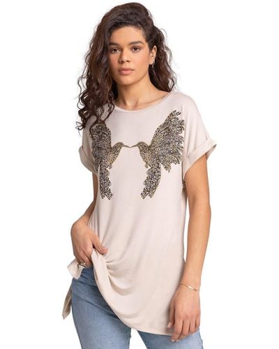 Roman Mirrored Bird Print Longline T-shirt - Natural