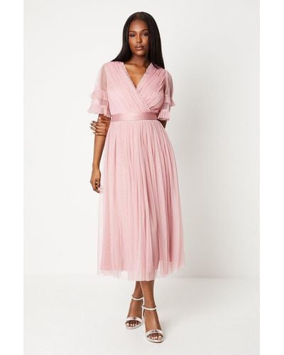 Coast Short Sleeve Tiered Mesh Midi Dress - Pink