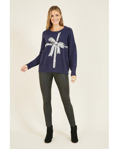 Yumi' Navy Sequin Bow Knitted 'ines' Jumper - Blue