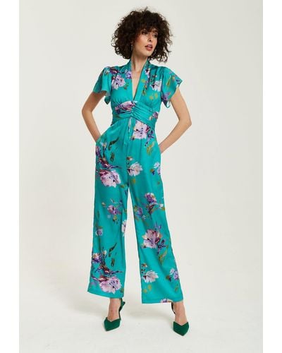 Liquorish Green Floral Jumpsuit With Short Sleeves - Blue