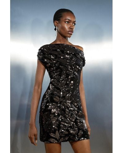 Karen Millen Velvet Sequin Woven One Shoulder Mini Dress - Black