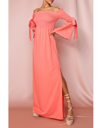 MissPap Shirred Flute Sleeve Bardot Maxi Dress - Pink