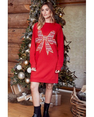 Threadbare 'snowball' Christmas Bow Fairisle Longline Sweatshirt - Red