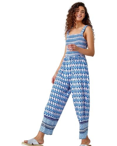 Roman Geometric Print Wide Leg Stretch Jumpsuit - Blue