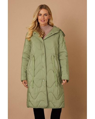 Wallis Petite Drawcord Waist Hooded Quilted Coat - Green