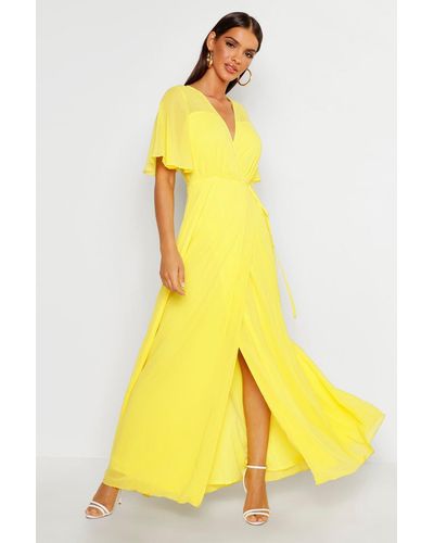 Boohoo Chiffon Angel Sleeve Wrap Maxi Bridesmaid Dress - Yellow