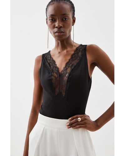 Karen Millen Jersey Lace Panel Tie Detail Bodysuit - Black