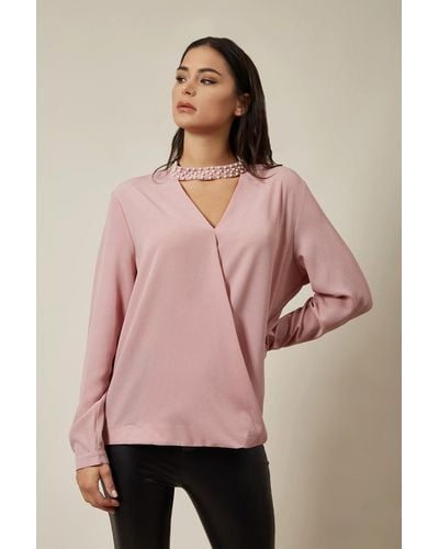 Hoxton Gal Long Sleeves Oversized Top With Pearl Detail Collar - Pink