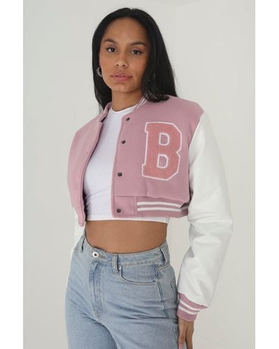 Brave Soul Faux Wool 'lucy' Cropped Varsity Bomber Jacket - Pink