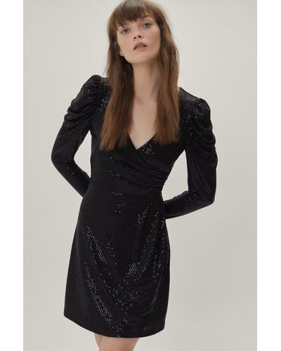 Nasty Gal Sequin Glitter Wrap Mini Dress - Black