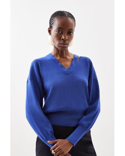 Karen Millen Viscose Blend Knit Asymmetric V Neck Jumper - Blue