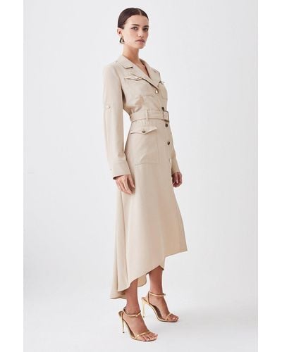 Karen Millen Petite Soft Tailored Belted Crepe High Low Shirt Midi Dress - Natural