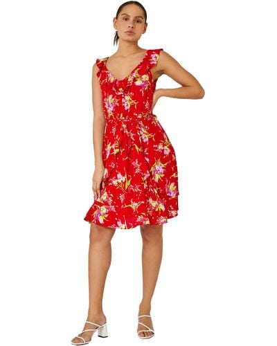 D.u.s.k Floral Frill Detail Fit & Flare Dress - Red