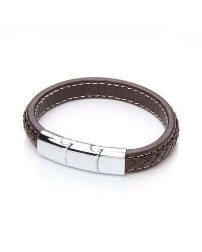 Jewelco London Steel Brown Leather Platted Strap Bracelet 12mm 8.5 Inch - Brc151brn