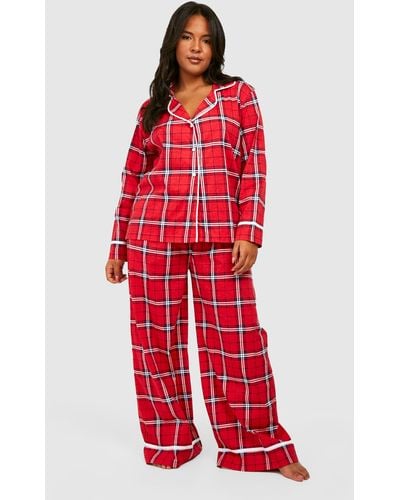 Boohoo Plus Tartan Flannel Long Sleeve Button Through Jersey Pj Set - Red