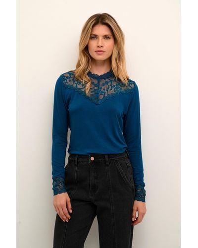 Cream Trulla Long Sleeve Lace Blouse - Blue