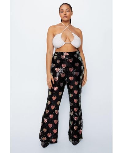 Nasty Gal Plus Size Heart Sequin Flare Trousers - Black
