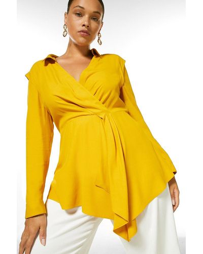 Karen Millen Plus Size Drape Detail Wrap Blouse - Yellow