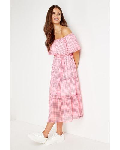 Wallis Petite Pink Check Bardot Midi Dress