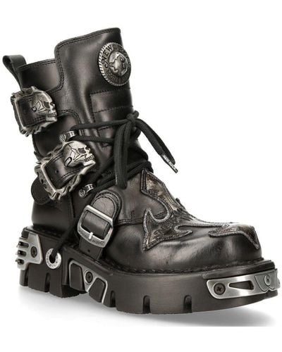 New Rock Silver Cross Leather Biker Boots-407-s1 - Black
