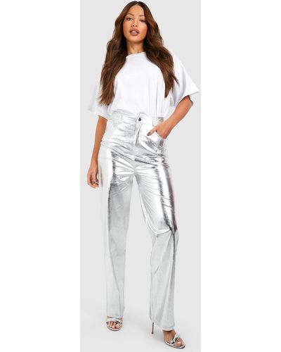 Boohoo Tall Metallic Leather Look High Waisted Straight Trousers - White