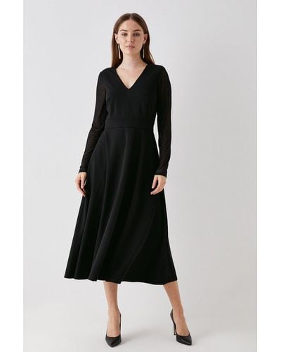 Debut London Spot Mesh Sleeve Fit And Flare Dress - Black