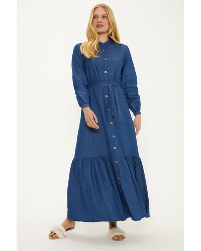 Oasis Chambray Belted Button Through Midi Dress - Blue