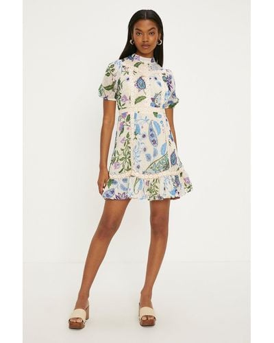 Oasis Lace Trim Dobby Chiffon Floral Print Skater Dress - White