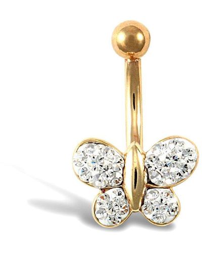 Jewelco London 9ct Gold Crystal Butterfly Banana Belly Bar, 10mm - Metallic