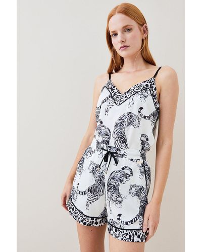 Karen Millen Conversational Leopard Satin Nightwear Short - White