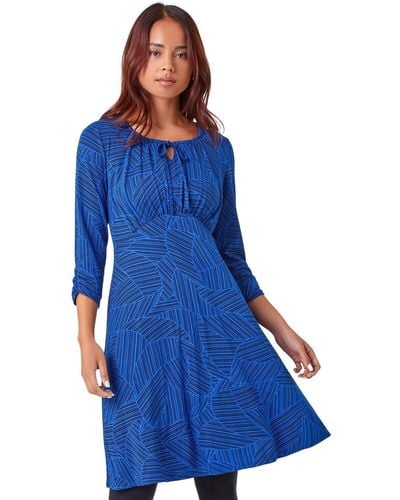 Roman Petite Linear Print Stretch Tea Dress - Blue