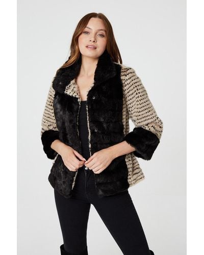 Izabel London Striped Faux Fur 3/4 Sleeve Jacket - Black