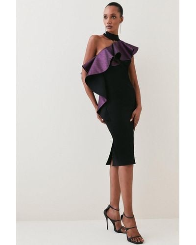 Karen Millen Structured Crepe Asymmetric Jacquard Ruffle Midi Dress - Black