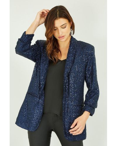 Yumi' Navy Sequin Blazer With Pockets - Blue